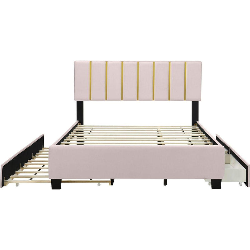 Queen Size Upholstered Platform Bed with 2 Drawers and 1 Trundle, Classic Metal Strip Headboard Design, Pink