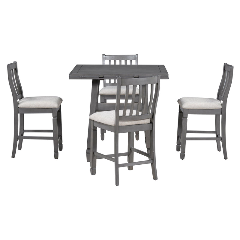 5-Piece Counter Height Dining Table Set in 2 Table Sizes with 4 Folding Leaves and 4 Upholstered Chairs for Dining Room (Gray+Beige Cushion)