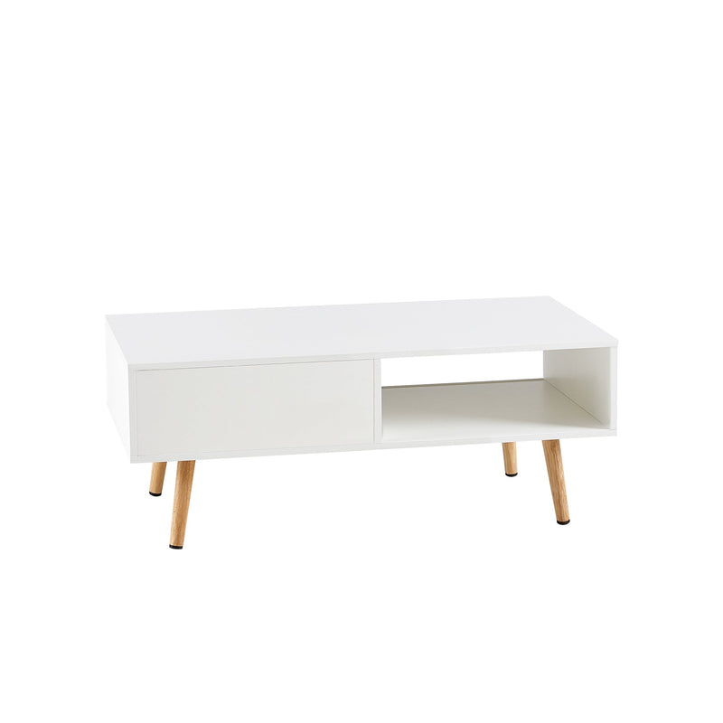 41.34" Rattan Coffee table, sliding door for storage, solid wood legs, Modern table for living room, White
