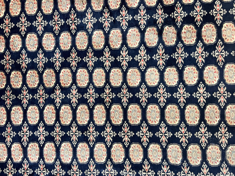 Pakistani Bokhara Rug 8x10, Turkoman Carpet, Dark Blue and Beige, Vintage Handmade Wool Carpet