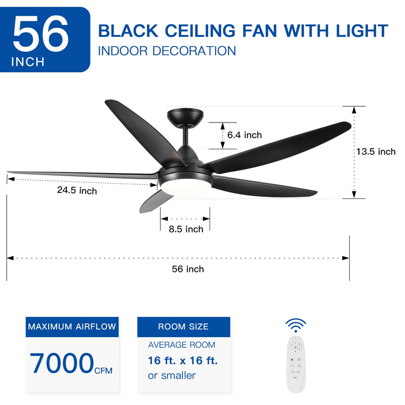 56 In Intergrated LED Ceiling Fan Lighting with Black ABS Blade