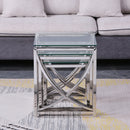 3 Pieces Silver Square Nesting Glass End Tables- Small Coffee Table Set- Stainless Steel Small Coffee Tables with Clear Tempered Glass- 18" Modern Minimalist Side Table for Living Room (Curve)