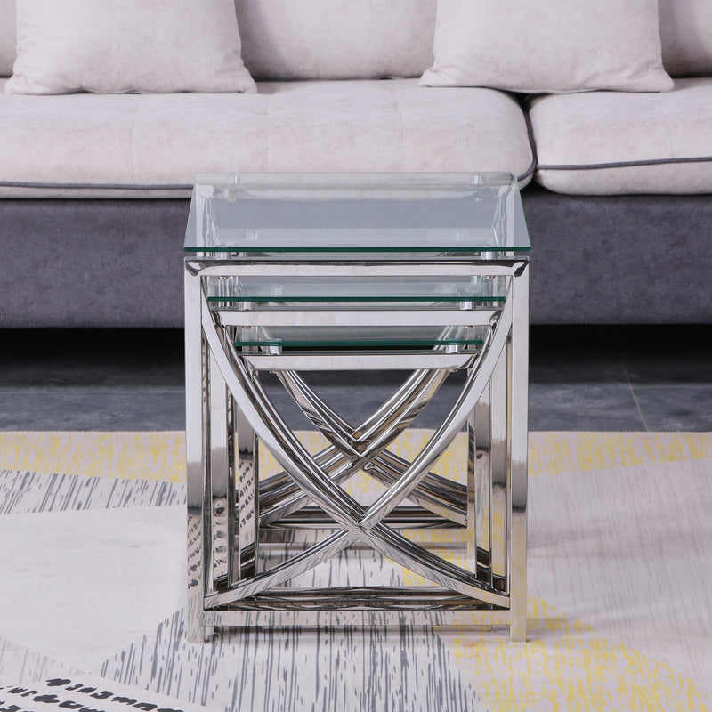 3 Pieces Silver Square Nesting Glass End Tables- Small Coffee Table Set- Stainless Steel Small Coffee Tables with Clear Tempered Glass- 18" Modern Minimalist Side Table for Living Room (Curve)