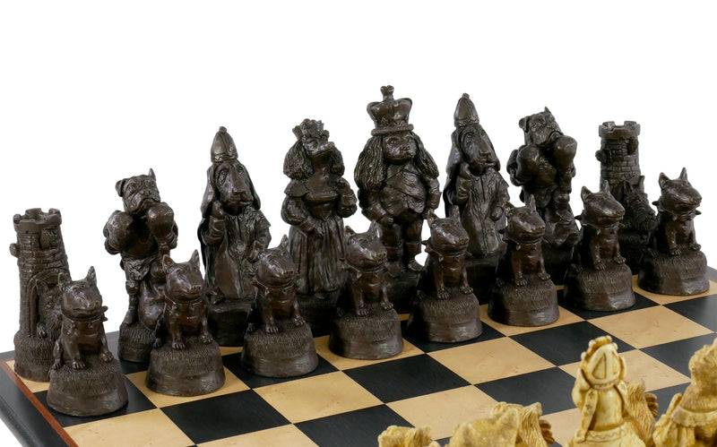 Chess Set  - Cats & Dogs Chess Pieces on Black/Birdseye Maple Chess Board