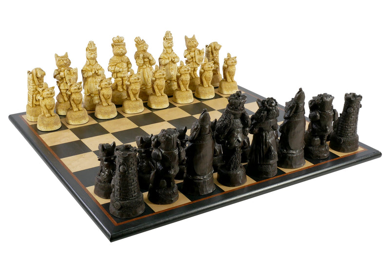 Chess Set  - Cats & Dogs Chess Pieces on Black/Birdseye Maple Chess Board