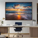 Sunset on the Ocean Beach with Waves, Reflections on Sand,