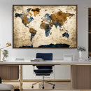 World Map Wall Art – Antique Style Blue and Brown Map Canvas