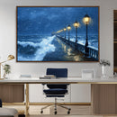 Stormy Ocean Pier Lights Canvas Wall Art Print - Large Moody