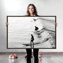 Surfers on Waves Wall Art Canvas Print – Framed Black and