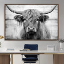 Black White Highland Cow Wall Art Canvas Print