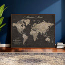 Custom World Map with Pins Canvas Wall Art Dark Charcoal