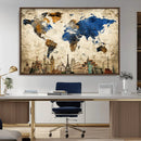 World Map Canvas Print – Vintage Blue and Gold World Map