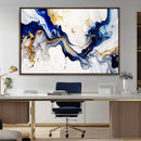 Golden Cascades on Midnight Blue – Deep Blue Abstract Wall