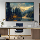 Mountain Cabin by the Lake at Sunset Wall Art - Serene