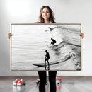 Surfers on Waves Wall Art Canvas Print – Framed Black and