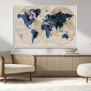 Vintage Blue World Map Canvas Wall Art – Antique Style