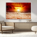Red Sunset Ocean Beach Canvas Wall Art Beach Canvas, Coastal