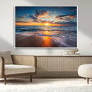 Sunset on the Ocean Beach with Waves, Reflections on Sand,