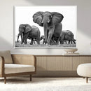 Black White Elephant Family Wall Art Canvas Print