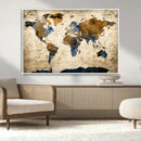 World Map Wall Art – Antique Style Blue and Brown Map Canvas
