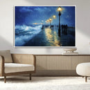 Storm Ocean Pier Canvas Wall Art Print - Large Moody Night