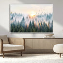 Misty Pine Forest Wall Art Canvas, Sunrise Over Foggy Trees