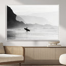 Surfer Beach Wall Art – Framed Black White Ocean Canvas