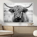 Black White Highland Cow Wall Art Canvas Print
