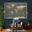 Rustic Black and Wood World Map Canvas Wall Art – Framed