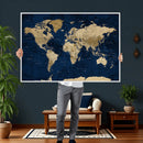 Navy Blue World Map Canvas Print – Detailed Map Minimal Navy