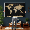 Beige World Map Canvas Wall Art Print, Minimal Black and