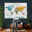 Custom Push Pin Watercolor World Map Canvas Wall Art Print –