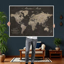 Custom World Map with Pins Canvas Wall Art Dark Charcoal by MyGreatCanvas | Canvas Wall Art Prints | Photo Prints & Wall Decor