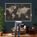 Custom World Map with Pins Canvas Wall Art Dark Charcoal