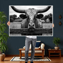 Black White Texas Longhorn Bull Canvas Wall Art, Western Ranch Cattle Photography Print, Rustic Farmhouse Cowboy Decor Artwork