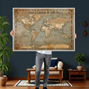 Vintage Personalized Push Pin World Map, Vintage Travel Map Canvas, Custom Names Anniversary Gift, Places Visited Pin Board, Couples Adventure Art
