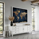 Framed Custom World Map Canvas Print - Deep Blue World Map
