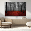 Red Forest Floor Canvas Wall Art – Mystical Foggy Woodland