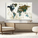 Vintage World Map Wall Art Canvas Print, Framed Rustic Earth