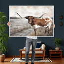 Vintage Texas Cow Wall Art Canvas Print, Rustic Longhorn