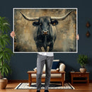 Texas Longhorn Bull Wall Art – Framed Rustic Cow Canvas