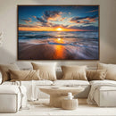 Sunset on the Ocean Beach with Waves, Reflections on Sand,