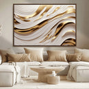 Gold and White Abstract Wave Canvas – Elegant Flowing Design