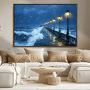 Stormy Ocean Pier Lights Canvas Wall Art Print - Large Moody