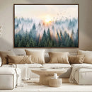 Misty Pine Forest Wall Art Canvas, Sunrise Over Foggy Trees