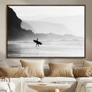 Surfer Beach Wall Art – Framed Black White Ocean Canvas