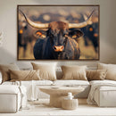 Majestic bull head close-up, long curved horns, detailed fur by MyGreatCanvas | Canvas Wall Art Prints | Photo Prints & Wall Decor