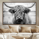 Black White Highland Cow Wall Art Canvas Print