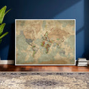 World Map Wall Art Canvas Print, Rustic Map Print, Framed
