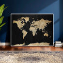 Beige World Map Canvas Wall Art Print, Minimal Black and